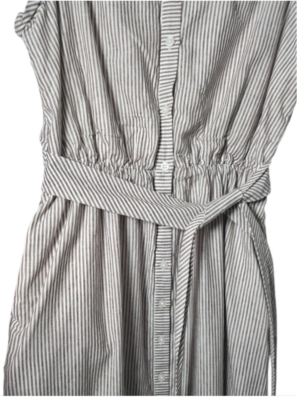 Banana Republic Petite Striped Shirt Dress Brown White Sleeveless Belted Midi - Picture 5 of 11
